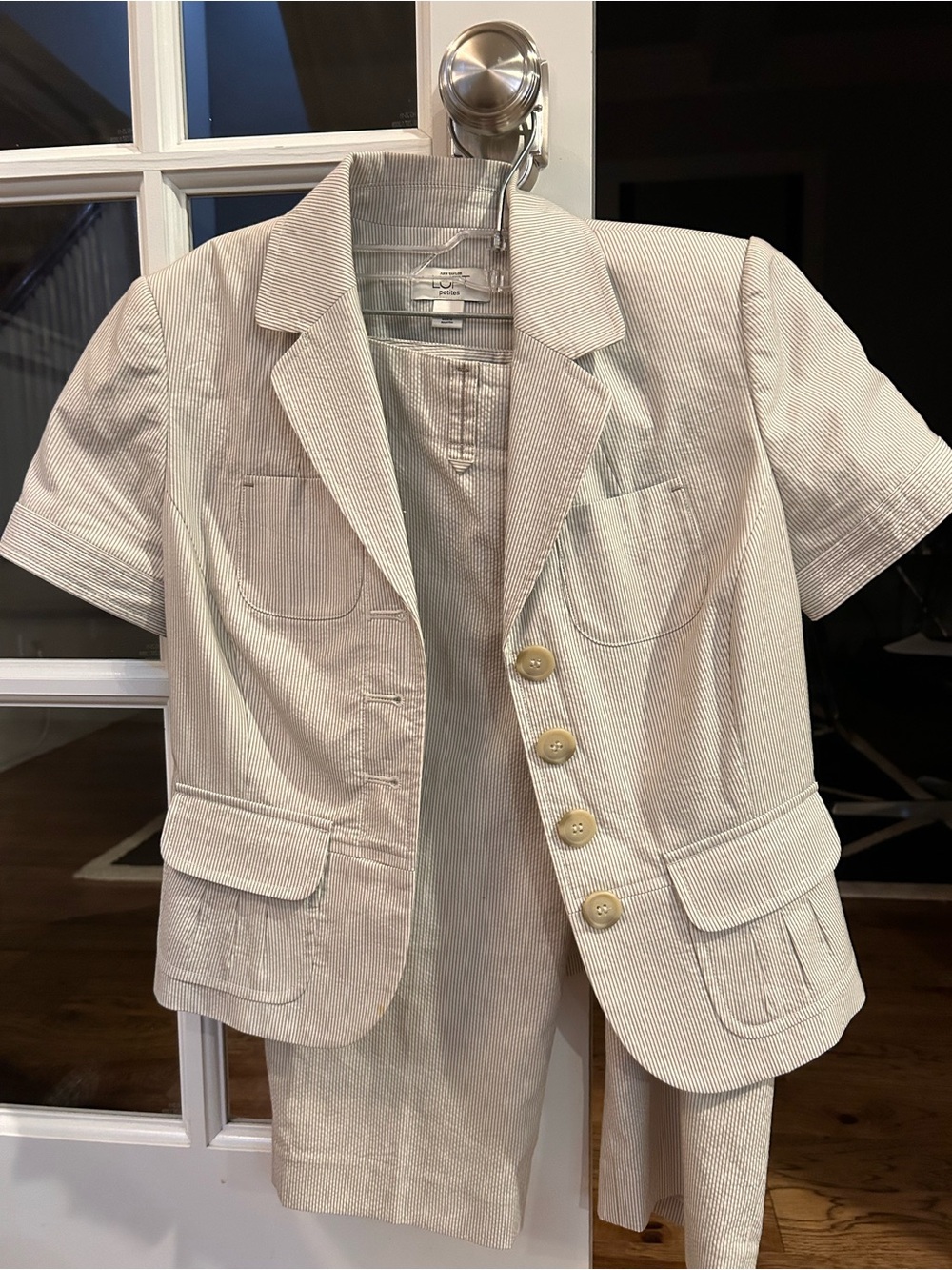 LOFT Short-Sleeve Tailored Blazer and Bermuda Short in Beige with Pin Stripe